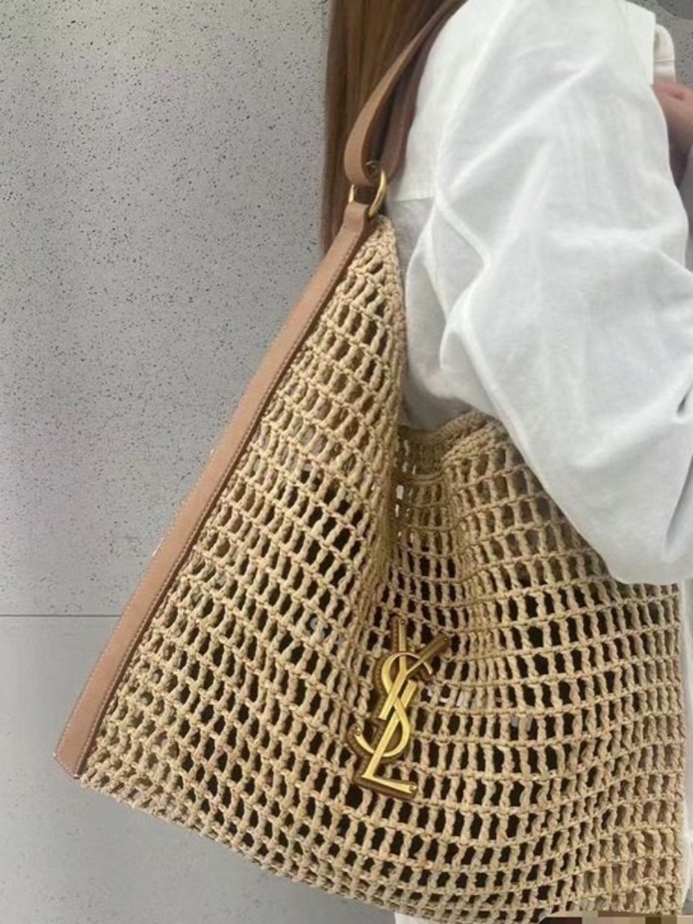 Beige Crochet Tote Bag with Gold Logo